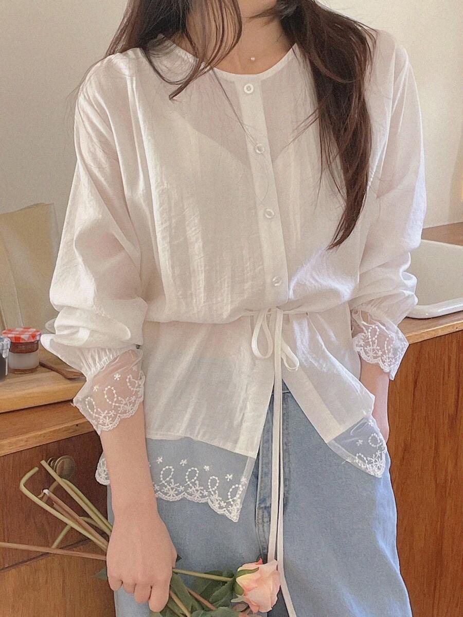 DAZY Women's Solid Color Loose Contrast Lace Long Sleeve Drawstring Waist Casual Top, Summer Blouse Vacation Cute Tops - White - View 1