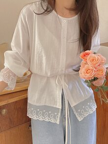 DAZY Women's Solid Color Loose Contrast Lace Long Sleeve Drawstring Waist Casual Top, Summer Blouse Vacation Cute Tops - White - View 4