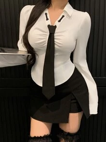 DAZY قميص نسائي بياقة سحاب مفرغة، أكمام طويلة، تباين لوني، مناسب للمدرسة وموسم التخرج، للربيع والصيف - أبيض - مشاهدة 2
