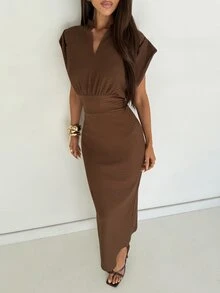 Aloruh 女款V領修身優雅中長洋裝 夏季服飾 教師穿搭 辦公室派對 咖啡棕 - 棕色 - 查看 3
