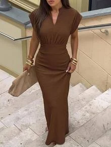 Aloruh 女款V領修身優雅中長洋裝 夏季服飾 教師穿搭 辦公室派對 咖啡棕 - 棕色 - 查看 8
