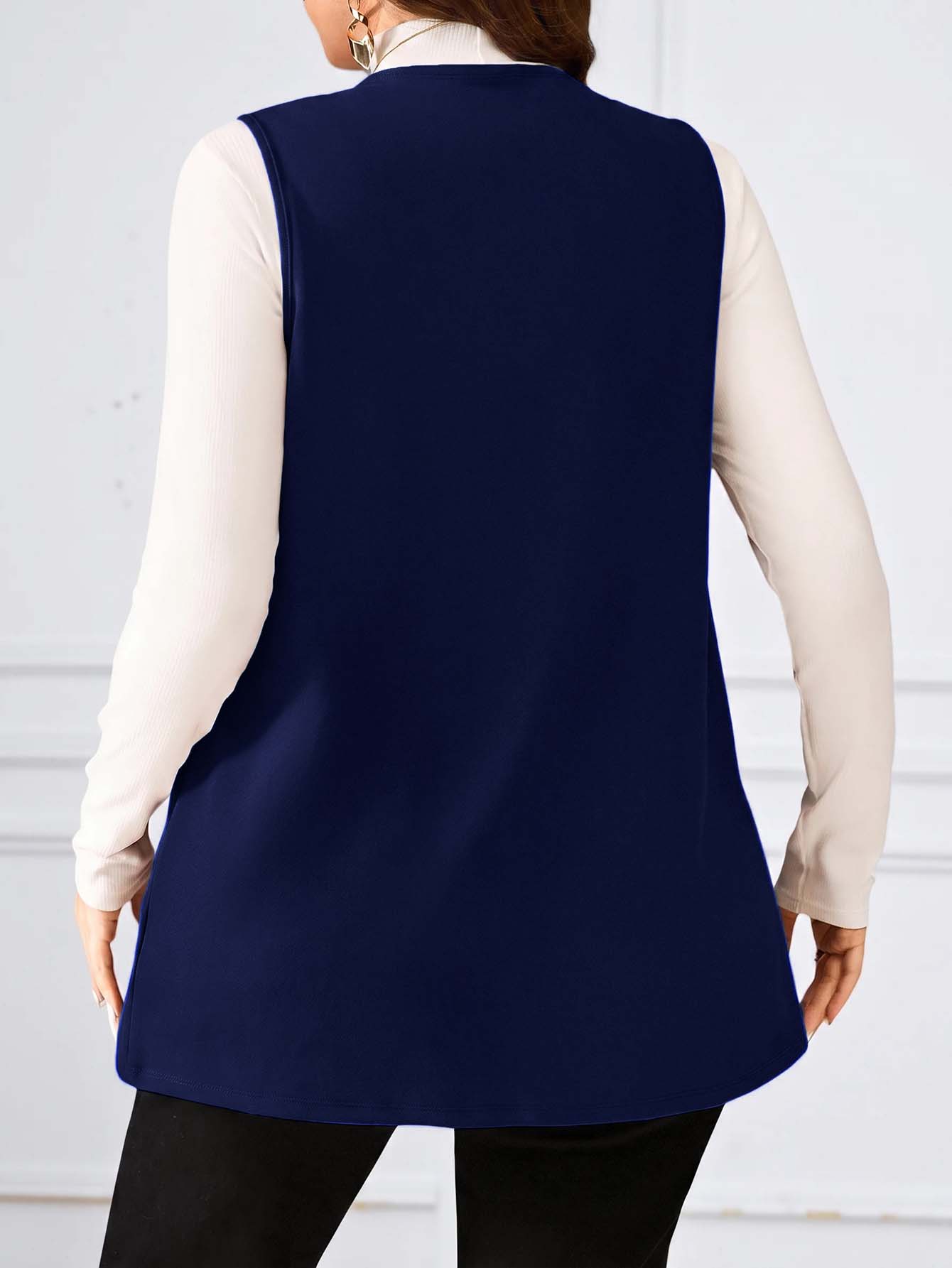 Miaspire Plus Size Solid Color Sleeveless Loose Pocket Simple Casual Outfits Woman /Vacation In Fall/Winter - Dusty Blue - View 2