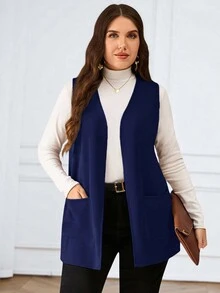 Miaspire 大尺碼純色無袖寬鬆口袋簡約休閒女裝套裝 /秋冬度假穿搭 - 霧霾藍 - 查看 1