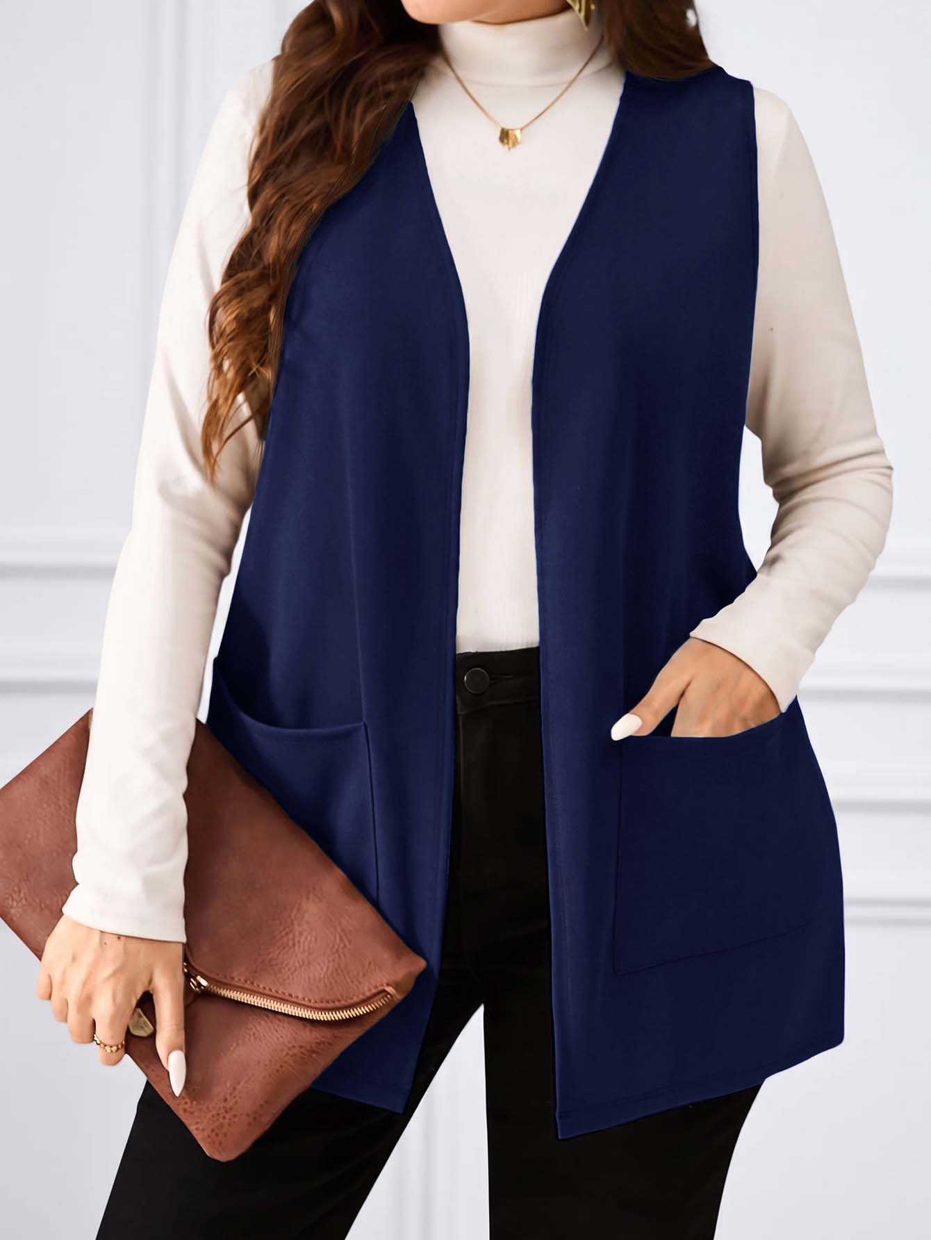 Miaspire Plus Size Solid Color Sleeveless Loose Pocket Simple Casual Outfits Woman /Vacation In Fall/Winter - Dusty Blue - View 5