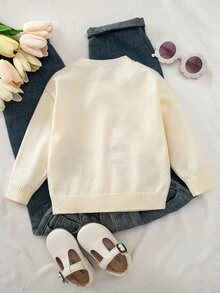 SHEIN 女嬰針織刺繡可愛兔子圖案圓領長袖毛衣，白色上衣，白色套頭衫，秋冬服飾 - 米色 - 查看 6