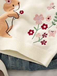 SHEIN 女嬰針織刺繡可愛兔子圖案圓領長袖毛衣，白色上衣，白色套頭衫，秋冬服飾 - 米色 - 查看 4