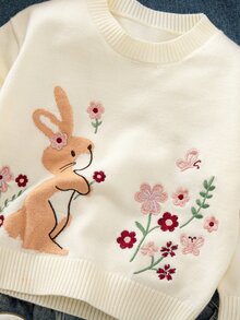 SHEIN 女嬰針織刺繡可愛兔子圖案圓領長袖毛衣，白色上衣，白色套頭衫，秋冬服飾 - 米色 - 查看 5