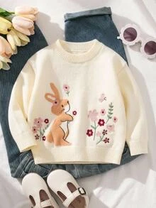 SHEIN 女嬰針織刺繡可愛兔子圖案圓領長袖毛衣，白色上衣，白色套頭衫，秋冬服飾 - 米色 - 查看 3