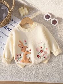 SHEIN 女嬰針織刺繡可愛兔子圖案圓領長袖毛衣，白色上衣，白色套頭衫，秋冬服飾 - 米色 - 查看 2