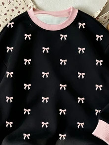 Girls' Sweet Cool Style All-Over Print Pink Bowknot Round Neck Sweatshirt, Contrast Ribbed Collar And Cuffs Design, Loose Comfortable Drop Shoulder Fit, Cute Girly Vibe, Suitable For Daily Outings And School Wear, Fashionable Versatile Young Girl' Spring Autumn Winter Pullover Top - Multicolor - View 4