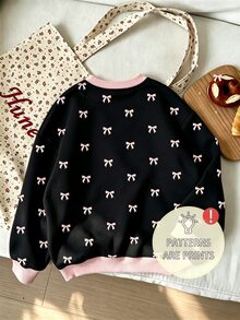 Girls' Sweet Cool Style All-Over Print Pink Bowknot Round Neck Sweatshirt, Contrast Ribbed Collar And Cuffs Design, Loose Comfortable Drop Shoulder Fit, Cute Girly Vibe, Suitable For Daily Outings And School Wear, Fashionable Versatile Young Girl' Spring Autumn Winter Pullover Top - Multicolor - View 2