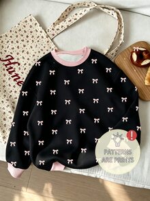 Girls' Sweet Cool Style All-Over Print Pink Bowknot Round Neck Sweatshirt, Contrast Ribbed Collar And Cuffs Design, Loose Comfortable Drop Shoulder Fit, Cute Girly Vibe, Suitable For Daily Outings And School Wear, Fashionable Versatile Young Girl' Spring Autumn Winter Pullover Top - Multicolor - View 5