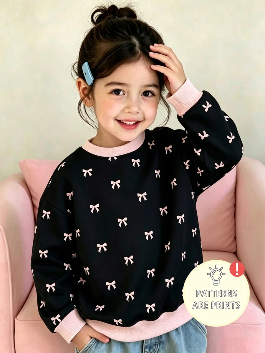 Girls' Sweet Cool Style All-Over Print Pink Bowknot Round Neck Sweatshirt, Contrast Ribbed Collar And Cuffs Design, Loose Comfortable Drop Shoulder Fit, Cute Girly Vibe, Suitable For Daily Outings And School Wear, Fashionable Versatile Young Girl' Spring Autumn Winter Pullover Top - Multicolor - View 1