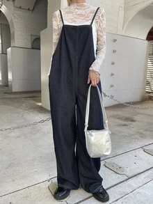 FRIFUL أوفرول وبذلة نسائية زرقاء داكنة بساق مستقيمة وحزام مشبك فراشة، ربيع المدرسة - أزرق داكن - مشاهدة 3