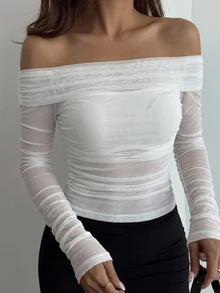DAZY Women's Elastic Mesh Sheer Off Shoulder Top, Spring/Summer Long Sleeve Top Going Out Tops - White - View 6