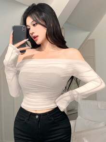 DAZY Women's Elastic Mesh Sheer Off Shoulder Top, Spring/Summer Long Sleeve Top Going Out Tops - White - View 3