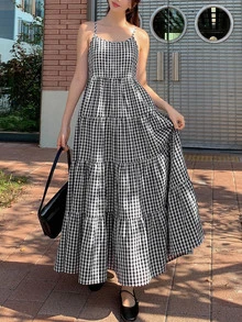 Dazy Star Gingham Print Ruffle Hem Cami Dress Sundress - Black and White - View 2