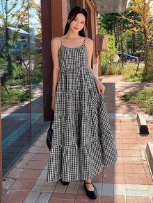 Dazy Star Gingham Print Ruffle Hem Cami Dress Sundress - Black and White - View 6