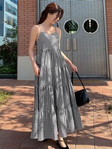 Dazy Star Gingham Print Ruffle Hem Cami Dress Sundress - Black and White - View 3
