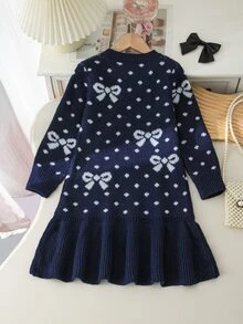SHEIN Girls' New Fashion Versatile Long Sleeve Round Neck Dress With Cute Bow Pattern, Suitable For Daily Wear - Multicolor - View 2