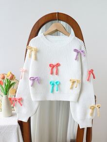 SHEIN New Fashion Versatile Cute Bow Pullover Sweater For Girls - Multicolor - View 9