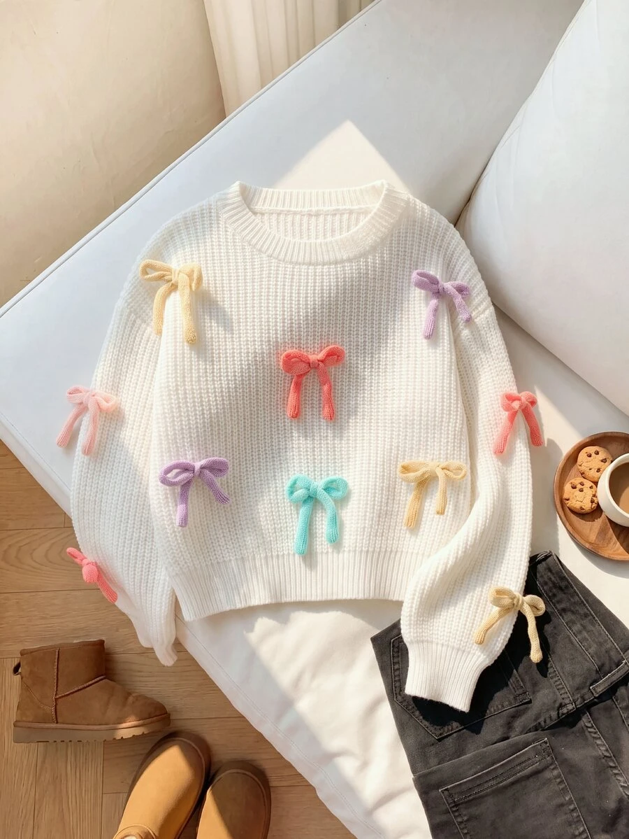 SHEIN New Fashion Versatile Cute Bow Pullover Sweater For Girls