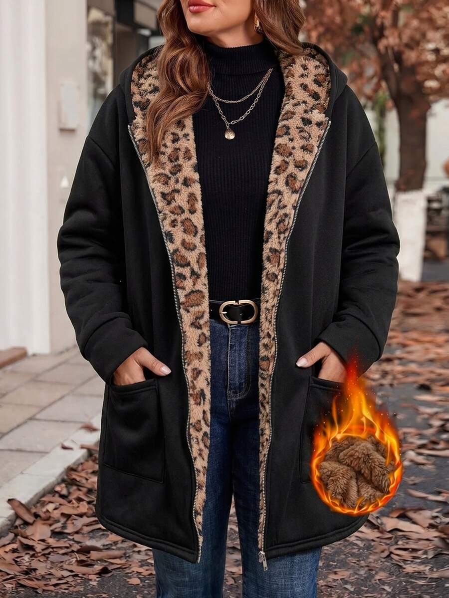 SHEIN Clasi 大尺碼黑色落肩保暖連帽外套 冬季辦公室教師家庭度假休閒街頭風 - 黑色 - 查看 1