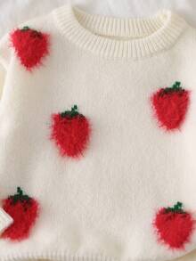 SHEIN Baby Girls New Beige Strawberry Pattern Long Sleeve Knitted Crew Neck Pullover Sweater - Beige - View 4