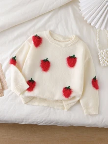 SHEIN Baby Girls New Beige Strawberry Pattern Long Sleeve Knitted Crew Neck Pullover Sweater - Beige - View 9