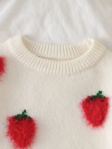 SHEIN Baby Girls New Beige Strawberry Pattern Long Sleeve Knitted Crew Neck Pullover Sweater - Beige - View 5