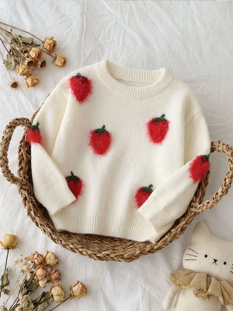 SHEIN Baby Girls New Beige Strawberry Pattern Long Sleeve Knitted Crew Neck Pullover Sweater