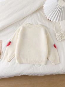 SHEIN Baby Girls New Beige Strawberry Pattern Long Sleeve Knitted Crew Neck Pullover Sweater - Beige - View 3