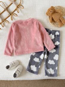SHEIN Fuzzy Baby Girls 2 Pieces Set Long Sleeve Autumn Pants Striped Cloud Print Slim Fit - Multicolor - View 2