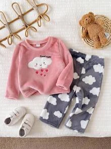 SHEIN Fuzzy Baby Girls 2 Pieces Set Long Sleeve Autumn Pants Striped Cloud Print Slim Fit - Multicolor - View 4