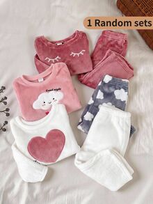 SHEIN Fuzzy Baby Girls 2 Pieces Set Long Sleeve Autumn Pants Striped Cloud Print Slim Fit - Multicolor - View 1