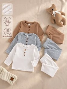 SHEIN 0-3歲男嬰春秋基礎羅紋6件套 柔軟高彈素色長袖上衣褲子內搭套裝 - 彩色 - 查看 3