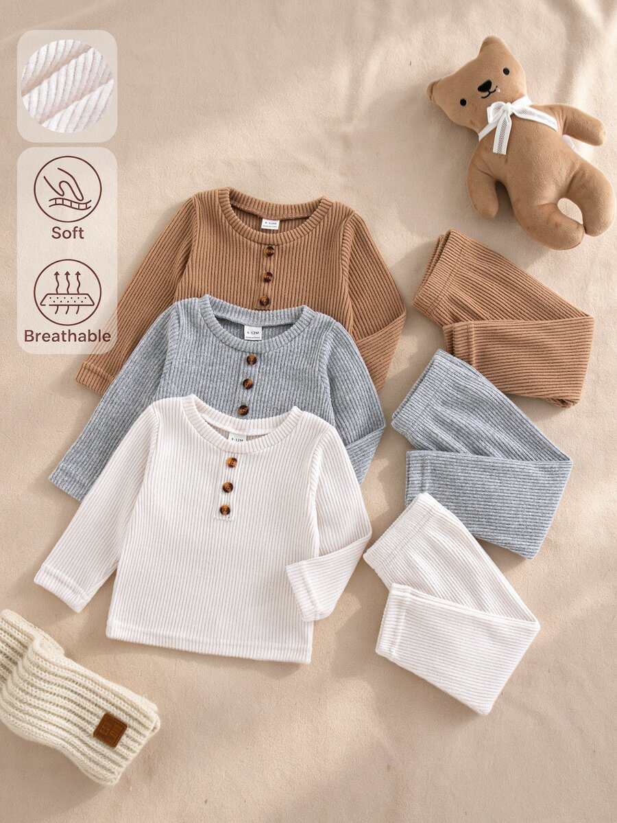 SHEIN 0-3 Years Baby Boys Spring/Autumn Basic Ribbed 6-Piece Set Soft High Elasticity Solid Color Long Sleeve Fall Tops Pants Base Layer Set Outfits - Multicolor - View 1