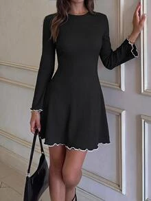 Easowa Round Neck Flared Sleeve Long Sleeve Contrast Trim A-Line Textured Fabric Casual Relaxed Elegant Commuter Old Money Style Autumn/Winter Women's Mini Dress - Black - View 2