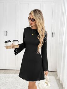 Easowa Round Neck Flared Sleeve Long Sleeve Contrast Trim A-Line Textured Fabric Casual Relaxed Elegant Commuter Old Money Style Autumn/Winter Women's Mini Dress - Black - View 4