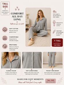 Loomlin TALL SIZE Rib Knitted 100%Cotton Shirt Style Buttoned Striped Dark Blue 2 Pieces Pajama Set - Grey - View 7