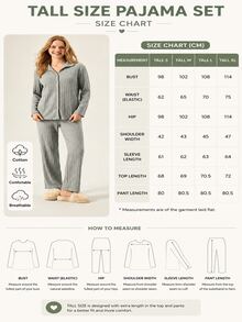 Loomlin TALL SIZE Rib Knitted 100%Cotton Shirt Style Buttoned Striped Dark Blue 2 Pieces Pajama Set - Grey - View 5