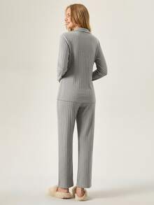 Loomlin TALL SIZE Rib Knitted 100%Cotton Shirt Style Buttoned Striped Dark Blue 2 Pieces Pajama Set - Grey - View 3