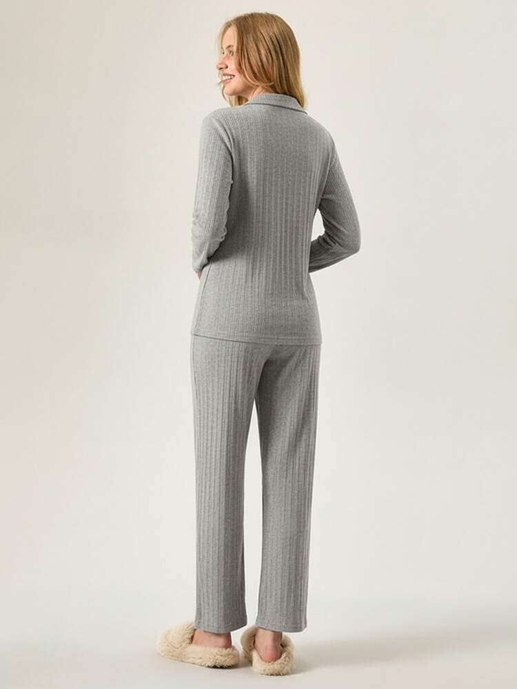 Loomlin TALL SIZE Rib Knitted 100%Cotton Shirt Style Buttoned Striped Dark Blue 2 Pieces Pajama Set - Grey - View 2