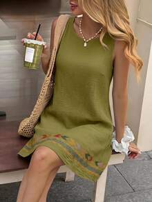 SHEIN LUNE Women Boho Green Sleeveless Mini Tunic Dress With Embroidery Detail Round Neck - Green - View 1