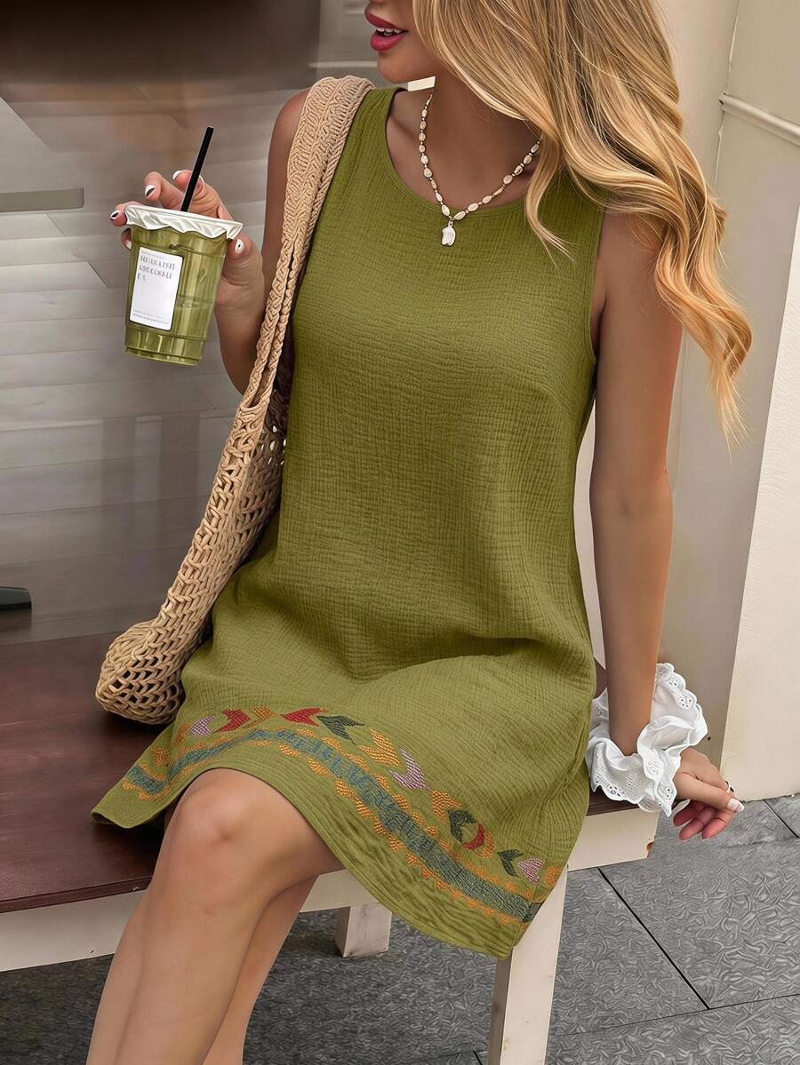 SHEIN LUNE Women Boho Green Sleeveless Mini Tunic Dress With Embroidery Detail Round Neck - Green - View 1