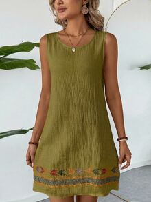 SHEIN LUNE Women Boho Green Sleeveless Mini Tunic Dress With Embroidery Detail Round Neck - Green - View 4