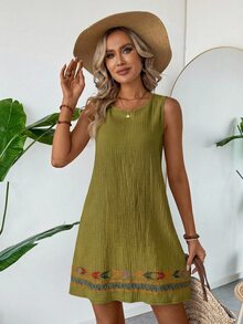 SHEIN LUNE Women Boho Green Sleeveless Mini Tunic Dress With Embroidery Detail Round Neck - Green - View 5