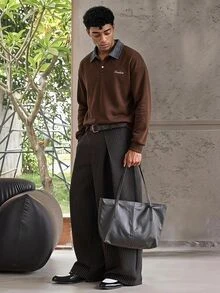 ESTAVOR Men's Standard Size Black Pullover Pullover Sweatshirt With Embroidered Collar, Casual For Spring & Autumn - Brown - View 1