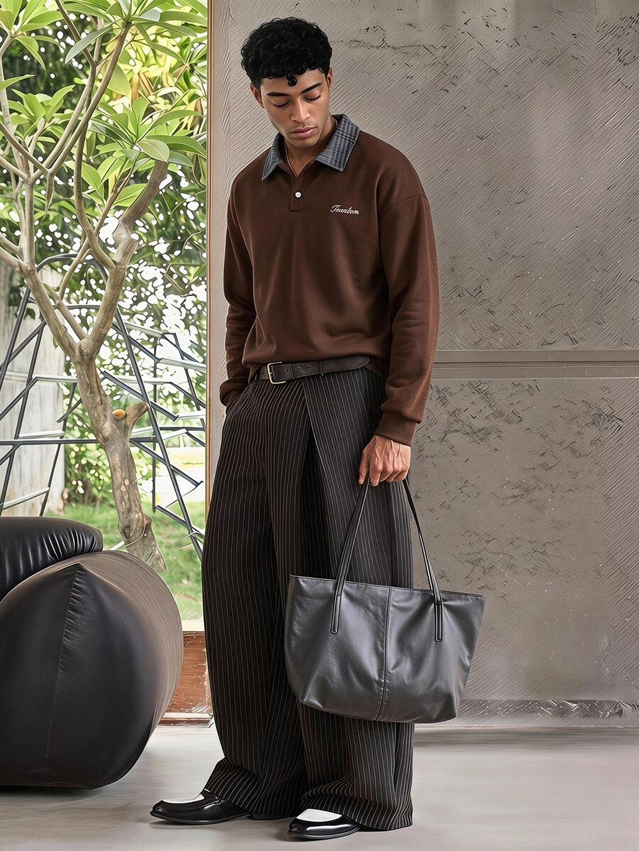 ESTAVOR Men's Standard Size Black Pullover Pullover Sweatshirt With Embroidered Collar, Casual For Spring & Autumn - Brown - View 1