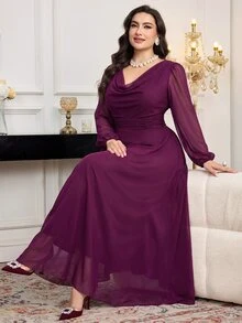Modelyn Plus Size Women Solid Color Cowl Neck Lantern Sleeve Elegant Dress - Red Violet - View 7